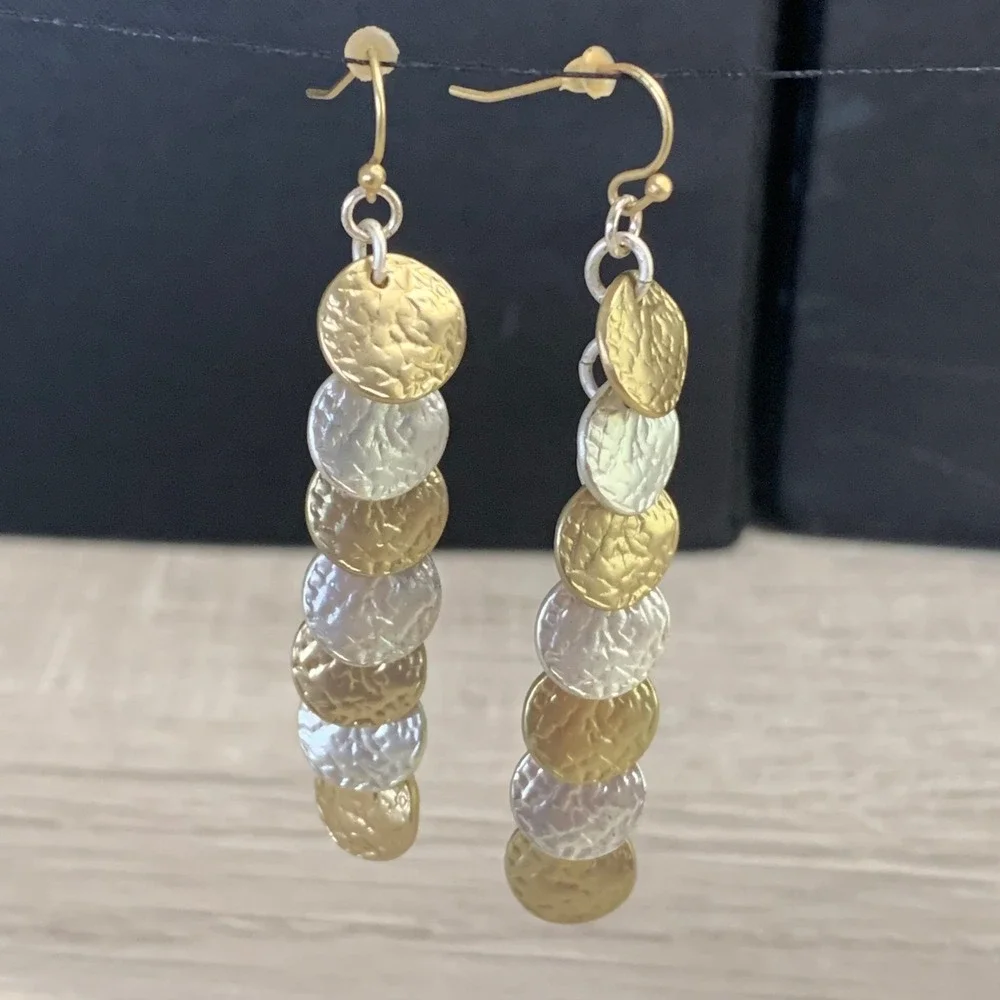 Hammered Mixed Metal Two Tone Gold Silver Coin Dangle Drop Earrings Boho 3803